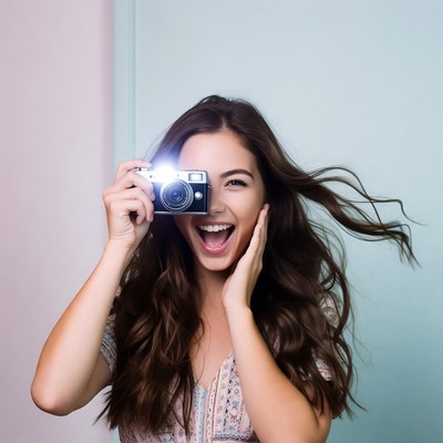 Young woman taking photo with vintage camera