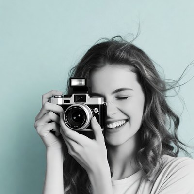 Smiling woman holding vintage camera