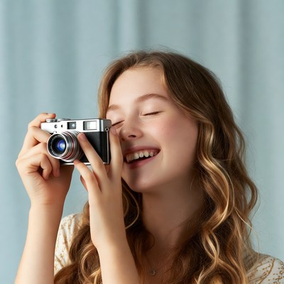 Girl smiling holding vintage camera