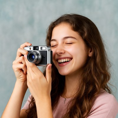 Girl smiling holding vintage camera