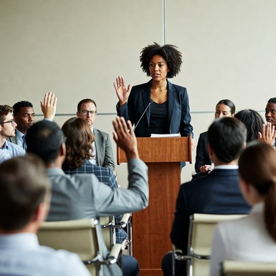 African-American woman leading oath at meeting