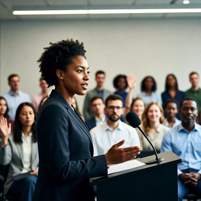 African-American woman speaking at podium