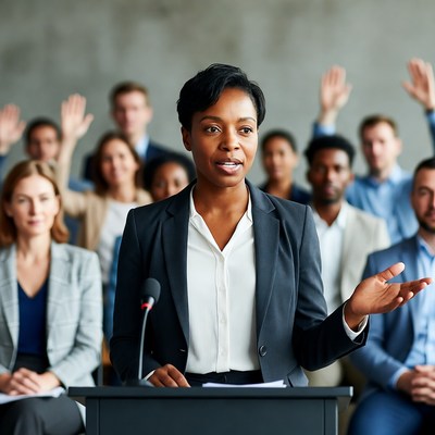 African-American woman speaking at podium