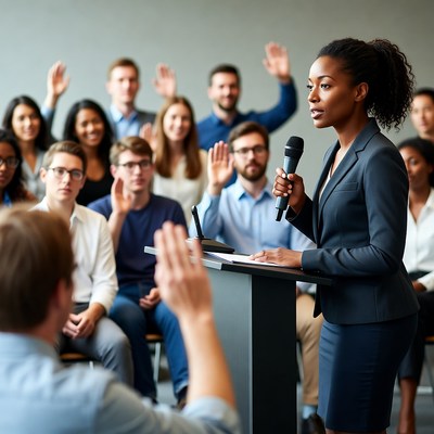 African-American woman speaking at podium