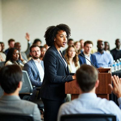African-American woman speaking at podium