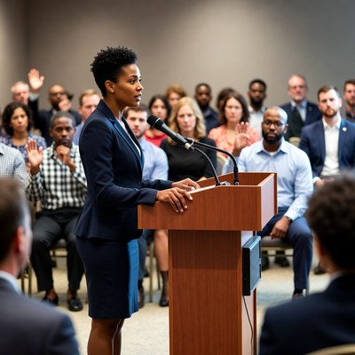 African-American woman speaking at podium