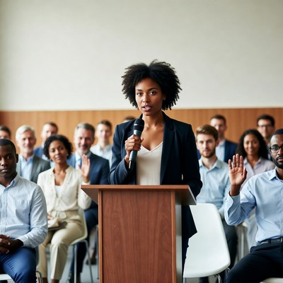 African-American woman speaking at podium