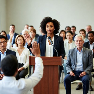 African-American woman speaking at podium