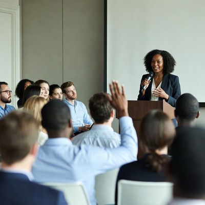 African-American woman speaking at business conference
