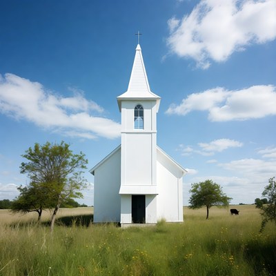 White Steepled Church in Grassy Field