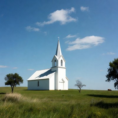 White Steepled Church in Grassy Field