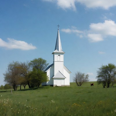 White Steepled Church in Green Field