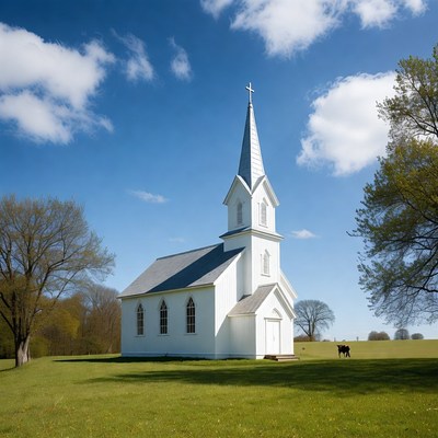 White Steepled Church in Green Field