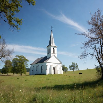 White Steepled Church in Grassy Field