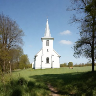 White Steepled Church in Green Field