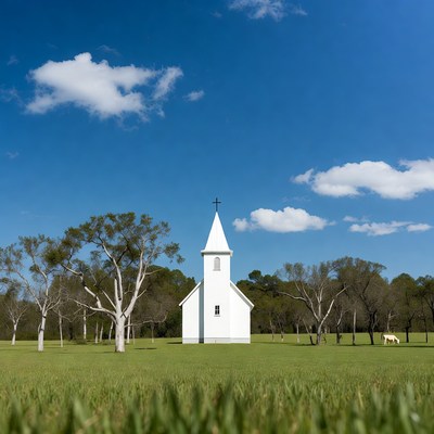 White Church with Horse in Green Field