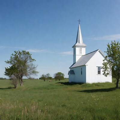 White Steepled Church in Green Field