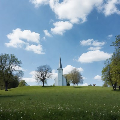 White church on green hill