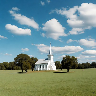 White Steepled Church in Green Field