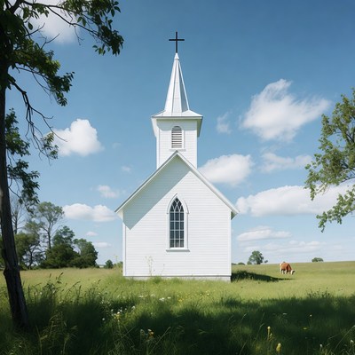 White Steeple Church in Grassy Field