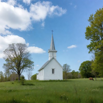 White Steepled Church in Green Field