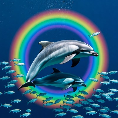 Dolphins Swimming in Rainbow Circle