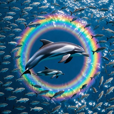 Dolphins in Rainbow Circle with Fish