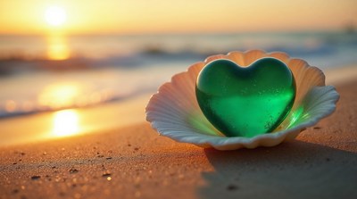 Green Heart in Seashell on Beach