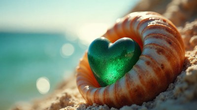 Green heart in seashell on beach