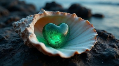 Glowing Green Heart in Seashell