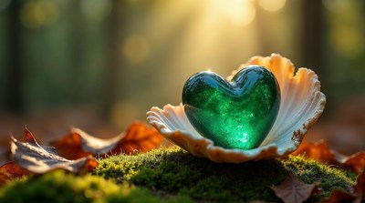 Green Heart in Seashell on Forest Moss