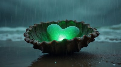 Glowing Green Heart in Seashell