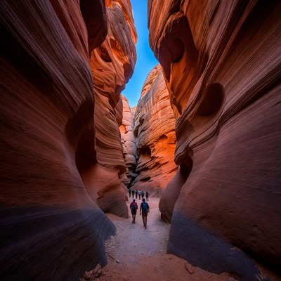 Hikers in Narrow Red Rock Slot Canyon