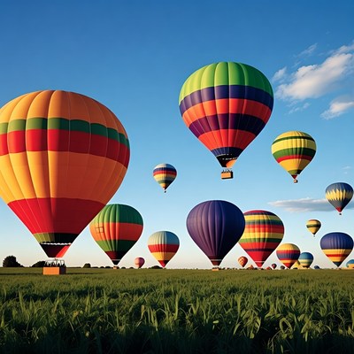 Colorful Hot Air Balloons Over Green Field