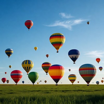 Colorful Hot Air Balloons Over Green Field