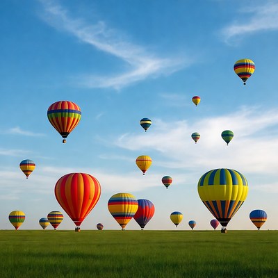 Colorful Hot Air Balloons Over Green Field