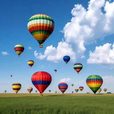 Colorful Hot Air Balloons Over Green Field