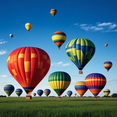 Colorful Hot Air Balloons Over Green Field