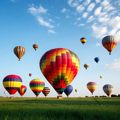Colorful Hot Air Balloons Over Green Field