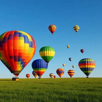 Colorful Hot Air Balloons Over Green Field