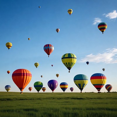 Colorful hot air balloons over green field