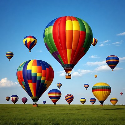Colorful Hot Air Balloons Over Grass Field