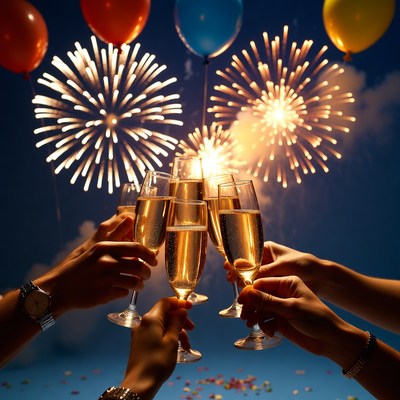 Hands Clinking Champagne Glasses with Fireworks