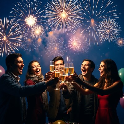 Group toasting champagne with fireworks