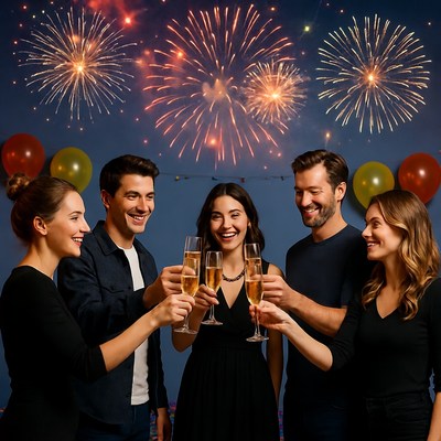 Group toasting champagne with fireworks