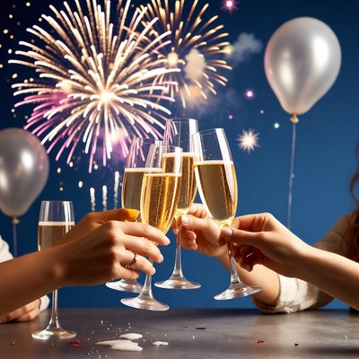 Hands Clinking Champagne Glasses with Fireworks