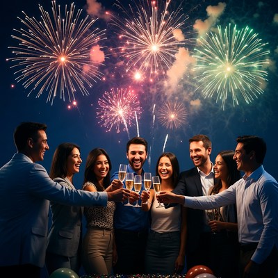 Group celebrating with champagne and fireworks