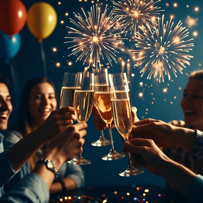 Group toasting champagne with fireworks
