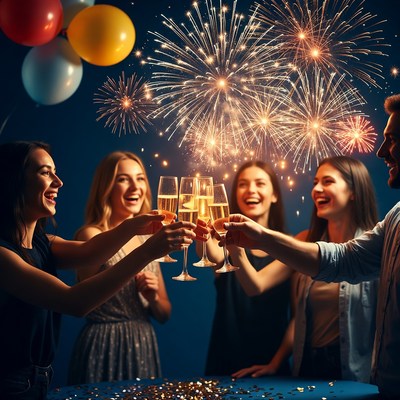 Group toasting champagne with fireworks