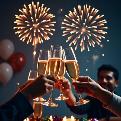 People toasting champagne with fireworks
